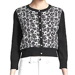Karl Lagerfeld Paris Floral Cropped Cardigan Black White Pearl Buttons Size XL